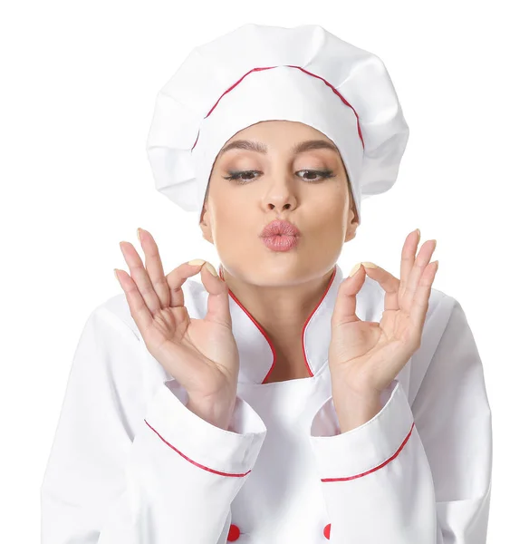 Beautiful Female Chef White Background — Stock Photo, Image