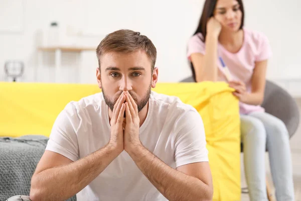 Sad Man Wife Pregnancy Test Home — Stock Photo, Image