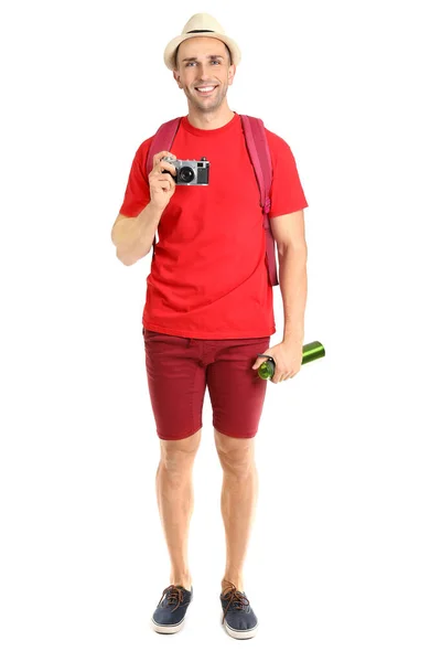 Male Tourist Photo Camera White Background — Stock Photo, Image