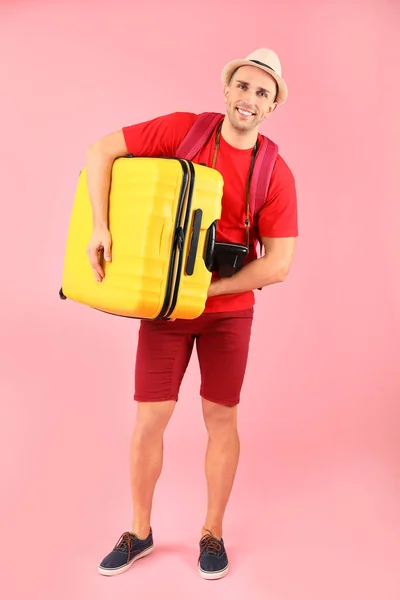 Male Tourist Luggage Color Background — Stock Photo, Image