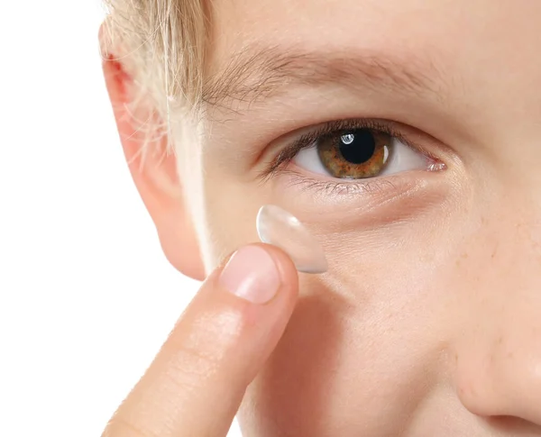 Little Boy Putting Contact Lens White Background Closeup — Stock Photo, Image