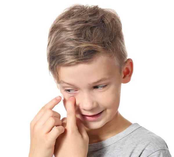 Little Boy Putting Contact Lens White Background — Stock Photo, Image