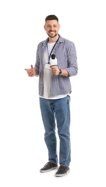 Journaliste Masculin Avec Microphone Sur Fond Blanc — Photo