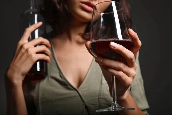 Young Drunk Woman Dark Background Concept Alcoholism — Stock Photo, Image