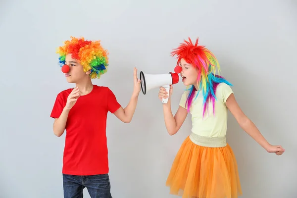 Funny Girl Megaphone Shouting Her Friend Light Background April Fools — Stock Photo, Image