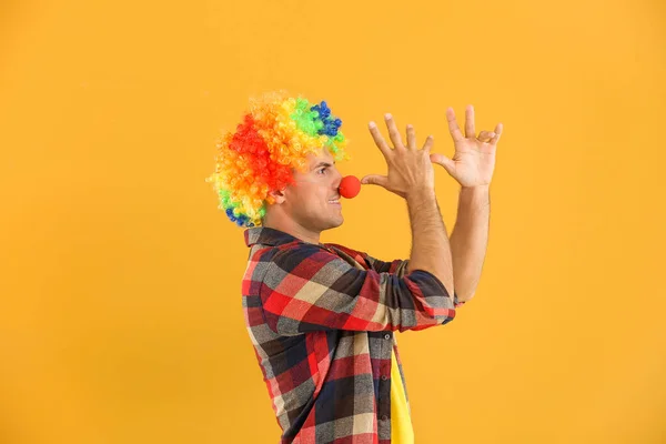 Man Funny Disguise Color Background April Fools Day Celebration — Stock Photo, Image