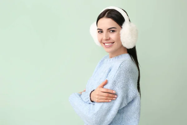 Beautiful Young Woman Warm Sweater Color Background — Stock Photo, Image