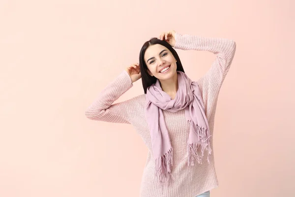 Beautiful Young Woman Warm Sweater Color Background — Stock Photo, Image