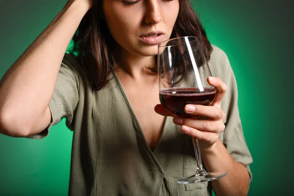 Young Drunk Woman Color Background Concept Alcoholism — Stock Photo, Image