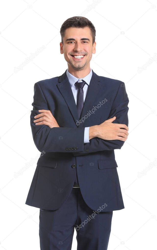 Male bank manager on white background