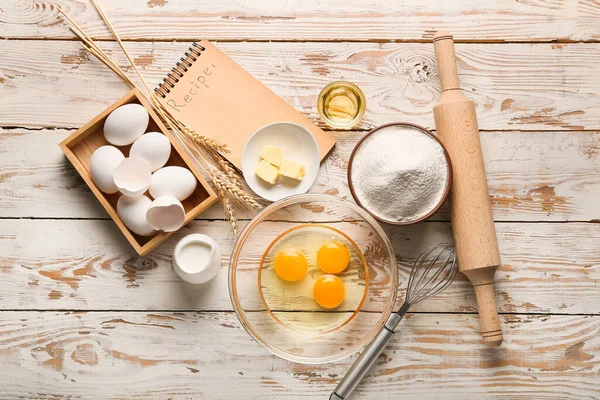 Ingredients Preparing Bakery Notebook White Wooden Background — Stock Photo, Image