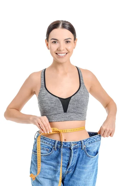 Young Woman Loose Clothes White Background Weight Loss Concept — Stock Photo, Image