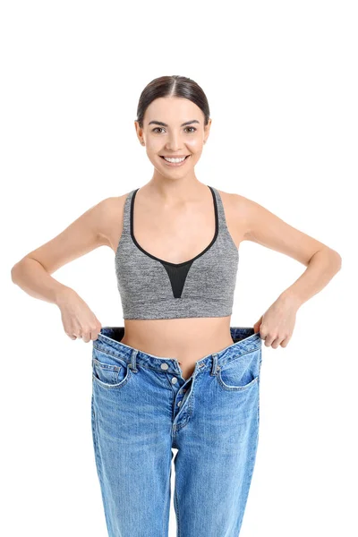 Young Woman Loose Clothes White Background Weight Loss Concept — Stock Photo, Image