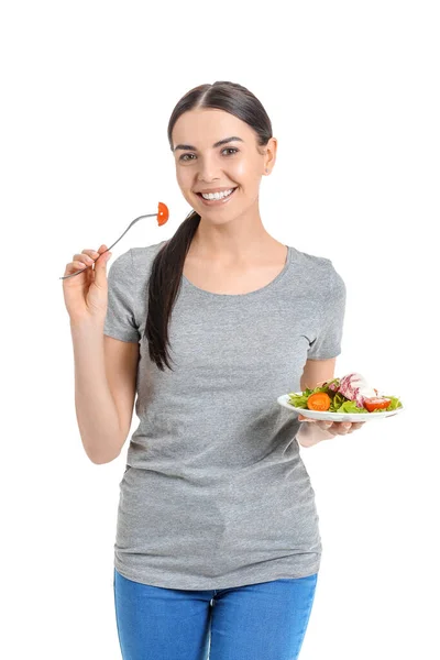 Jovem Com Salada Fundo Branco Conceito Perda Peso — Fotografia de Stock