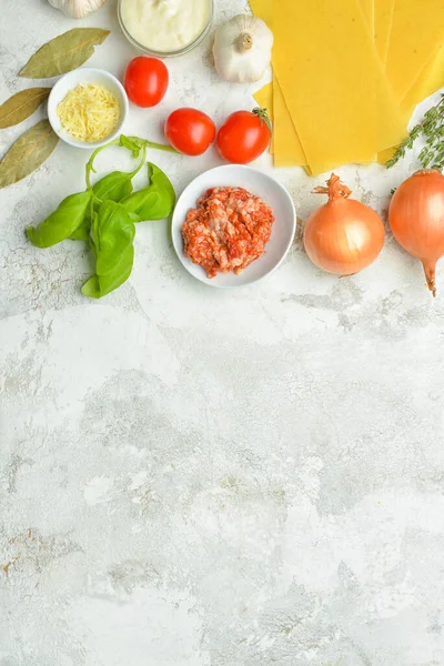 Ingredients Lasagna Grey Background — Stock Photo, Image