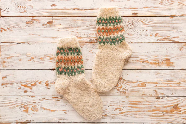 Knitted Socks Wooden Background — Stock Photo, Image