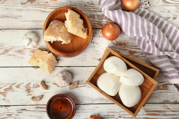 Mozzarella Cheese Bread Oil White Wooden Background — Stock Photo, Image