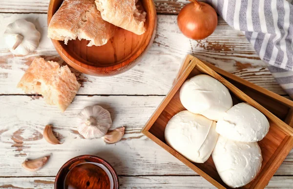 Mozzarella Cheese Bread Oil White Wooden Background — Stock Photo, Image