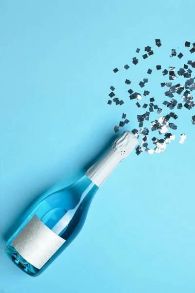 Bottle Tasty Champagne Confetti Color Background — Stock Photo, Image