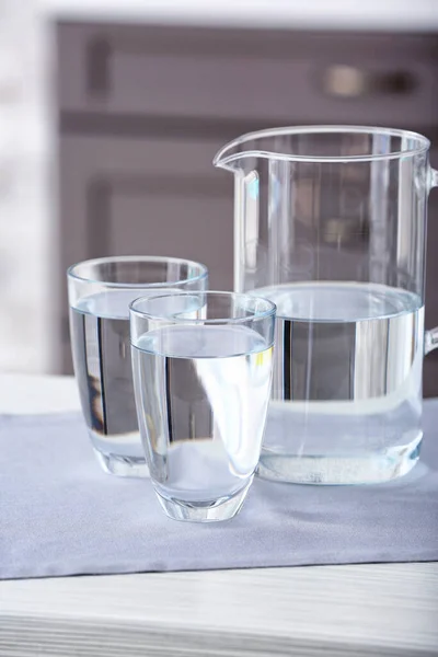 Glasses Jug Fresh Cold Water Table Kitchen — Stock Photo, Image