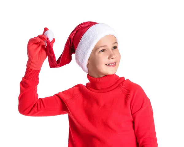 Cute Little Boy Santa Claus Hat White Background — Stockfoto