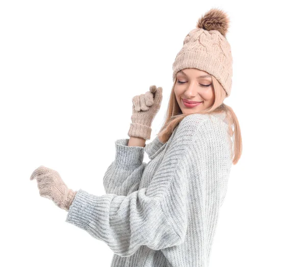 Young Woman Warm Sweater Hat Gloves White Background — Stockfoto