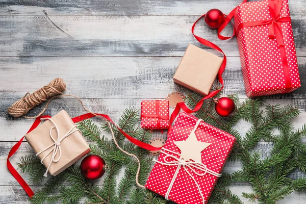 Beautiful Gifts Christmas Decor Wooden Background — Stock Photo, Image