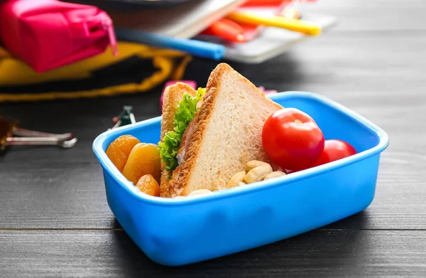 School Lunch Box Tasty Food Wooden Background — Stock Photo, Image