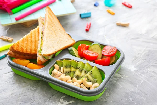 School Lunch Box Tasty Food Stationery Grey Background — Stock Photo, Image