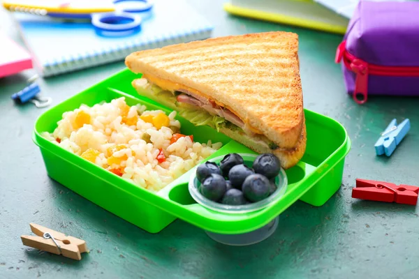 School Lunch Box Tasty Food Stationery Table — Stock Photo, Image
