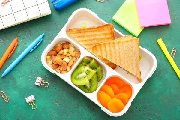 School Lunch Box Tasty Food Stationery Table — Stock Photo, Image