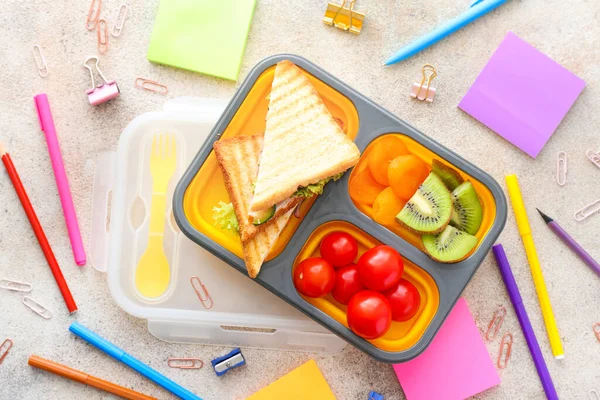 School Lunch Box Tasty Food Stationery Table — Stock Photo, Image