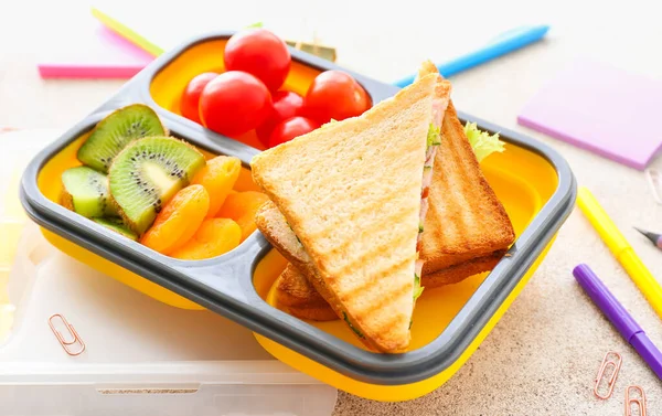 School Lunch Box Tasty Food Stationery Table — Stock Photo, Image