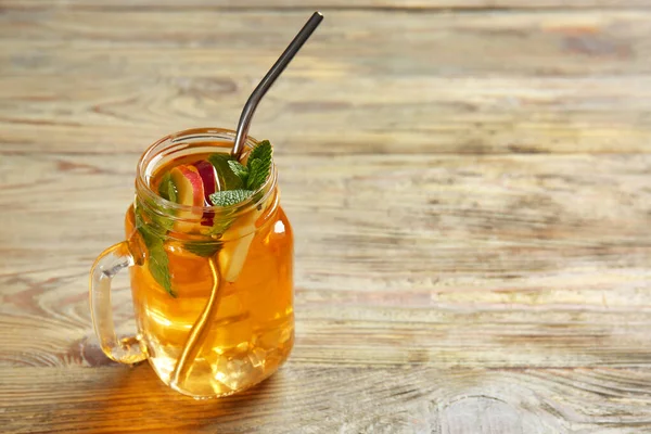 Mason Jar Cold Tea Wooden Table — Stock Photo, Image