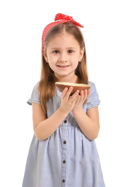 Χαριτωμένο Κοριτσάκι Γλυκό Αυγό Σοκολάτας Λευκό Φόντο — Φωτογραφία Αρχείου