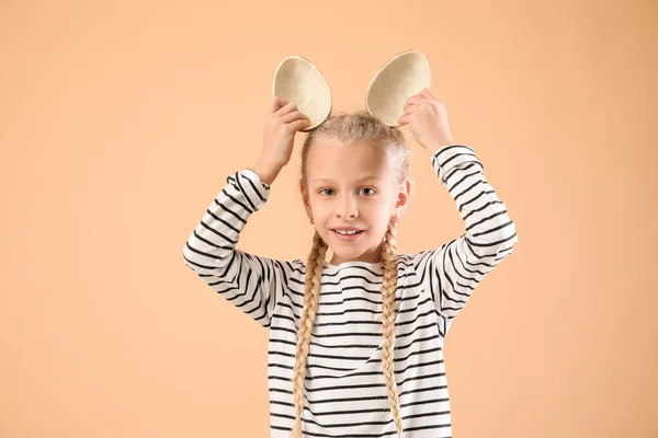 Cute Little Girl Sweet Chocolate Egg Color Background — Stock Photo, Image