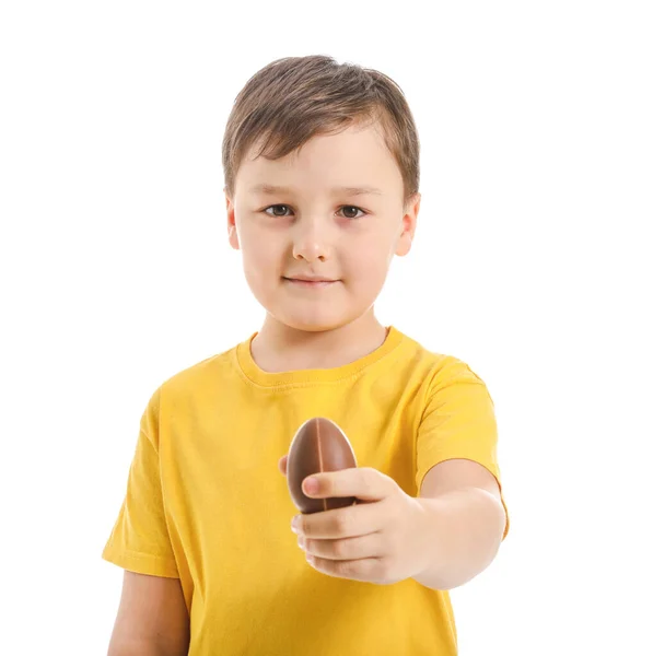 Cute Little Boy Sweet Chocolate Egg White Background — Stock Photo, Image