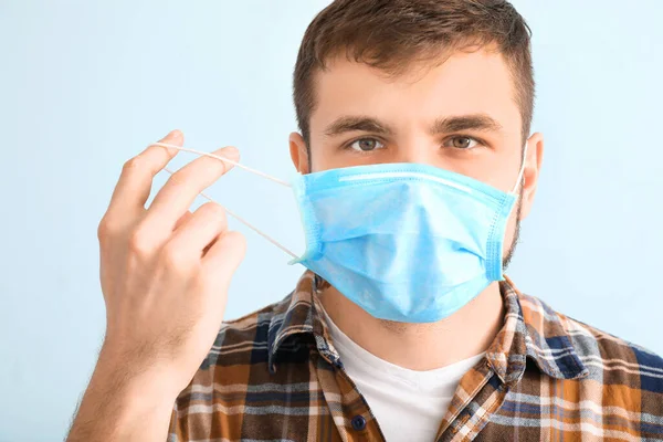 Young Man Protective Mask Light Background Concept Epidemic — Stock Photo, Image