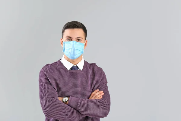 Young Man Protective Mask Grey Background Concept Epidemic — Stock Photo, Image