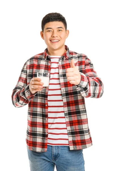 Junger Asiatischer Mann Mit Milch Zeigt Daumen Nach Oben Auf — Stockfoto