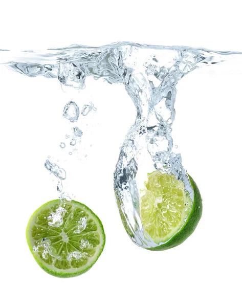 Falling Fresh Cut Lime Water White Background — Stock Photo, Image
