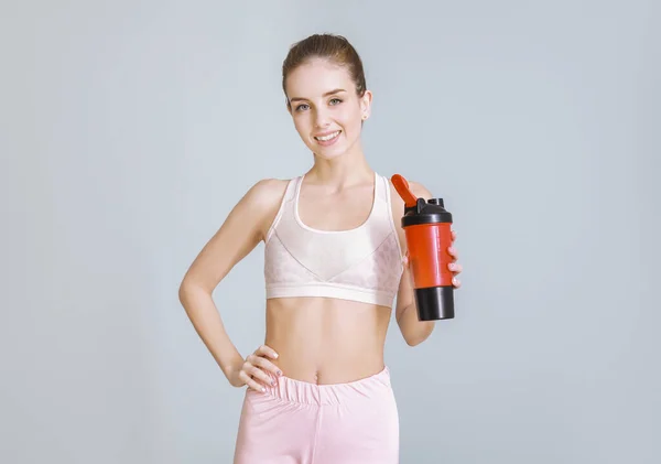 Sporty Young Woman Protein Shake Light Background — Stock Photo, Image