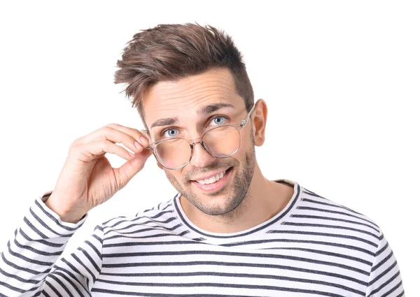 Young Man Stylish Eyeglasses White Background — Stock Photo, Image