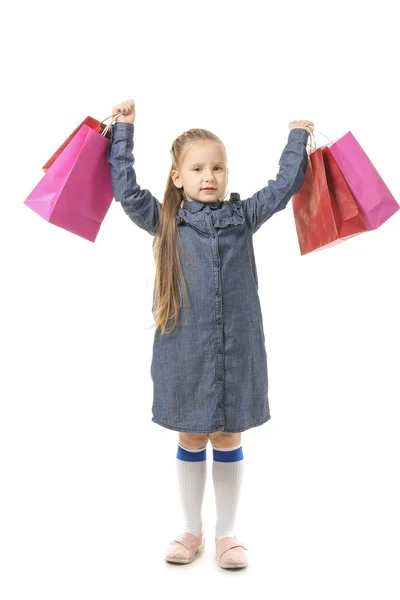 Cute Little Girl Shopping Bags White Background — 스톡 사진
