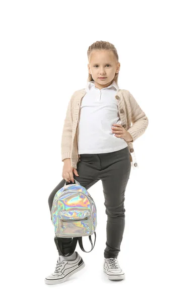 Cute Little Girl Backpack White Background — Stock Photo, Image