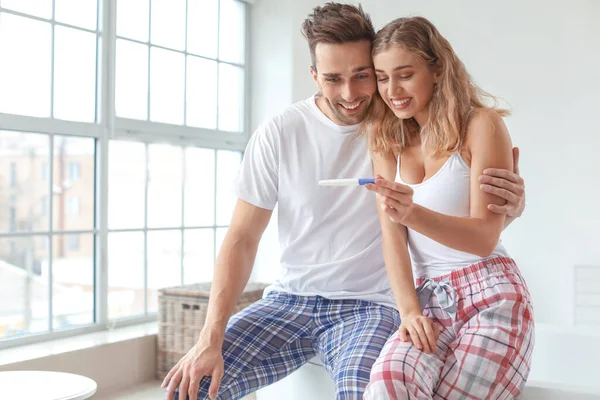 Happy Young Couple Pregnancy Test Bathroom — Stock Photo, Image