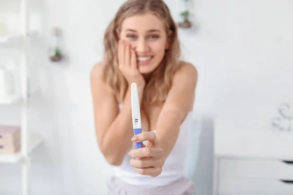 Happy Young Woman Pregnancy Test Restroom — Stock Photo, Image