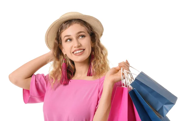 Hermosa Mujer Joven Con Bolsas Compras Sobre Fondo Blanco — Foto de Stock