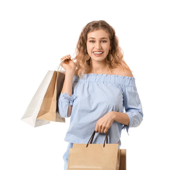 Mooie Jonge Vrouw Met Boodschappentassen Witte Achtergrond — Stockfoto