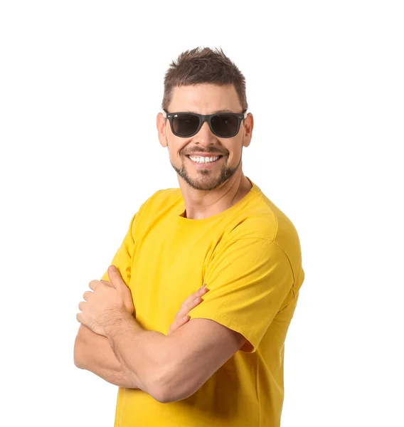 Hombre Guapo Con Gafas Sol Sobre Fondo Blanco — Foto de Stock